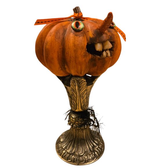 Halloween JOL Pumpkin OOAK Creepy Sculpture Jack O Lantern Teeth Assemblage Art - Picture 4 of 16